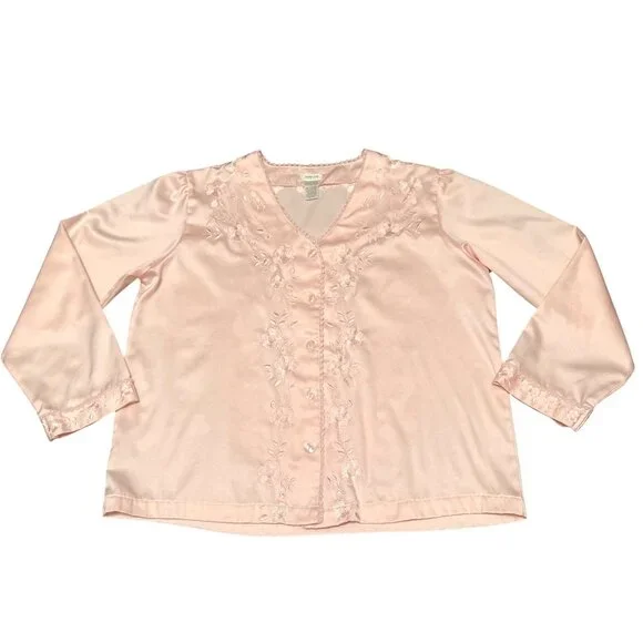 Nordstrom Intimates Size L Blush Pink Satin Embroidered Floral Lounge Top - Picture 10 of 11